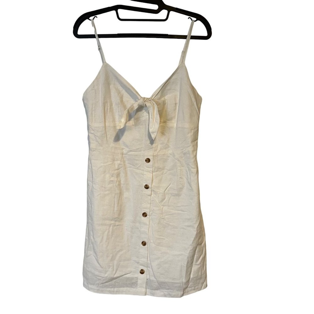 Linen Lux Womens Dress Size Medium Spaghetti Strap Short White Button Front NEW
